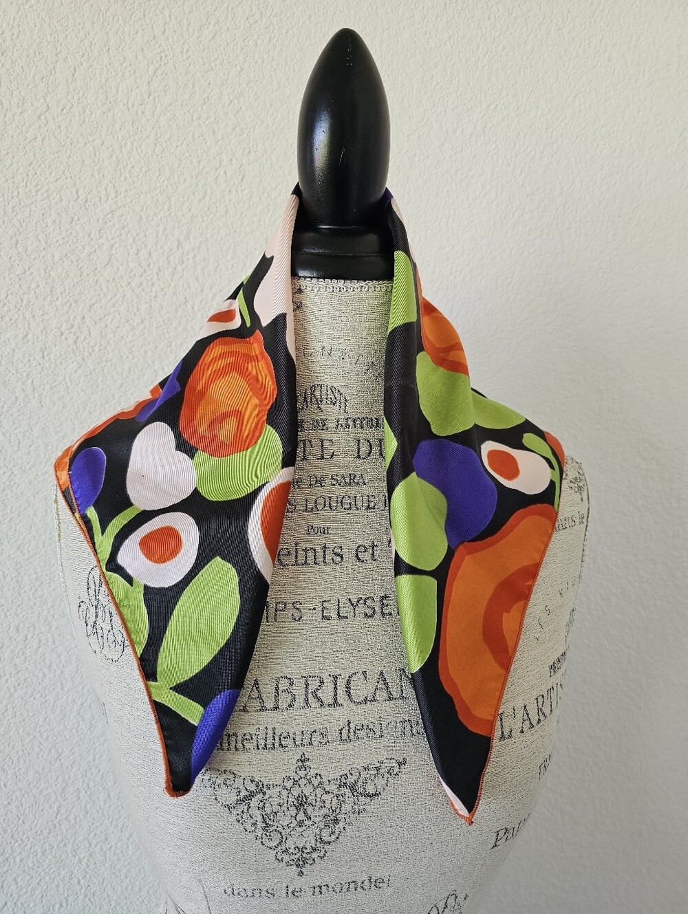 Vintage 60s 70s Mod Floral Square Scarf Acetate Bright Orange Green Purple 20x20